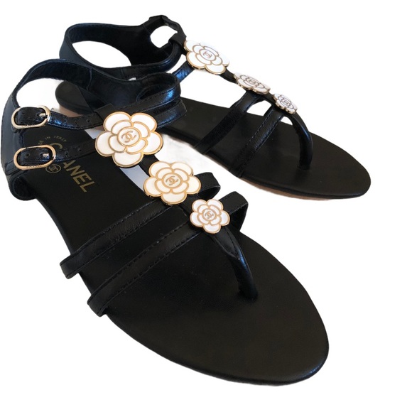 Chanel Leather Enamel Camellia Flower Sandals Sz 9 - Picture 3 of 10